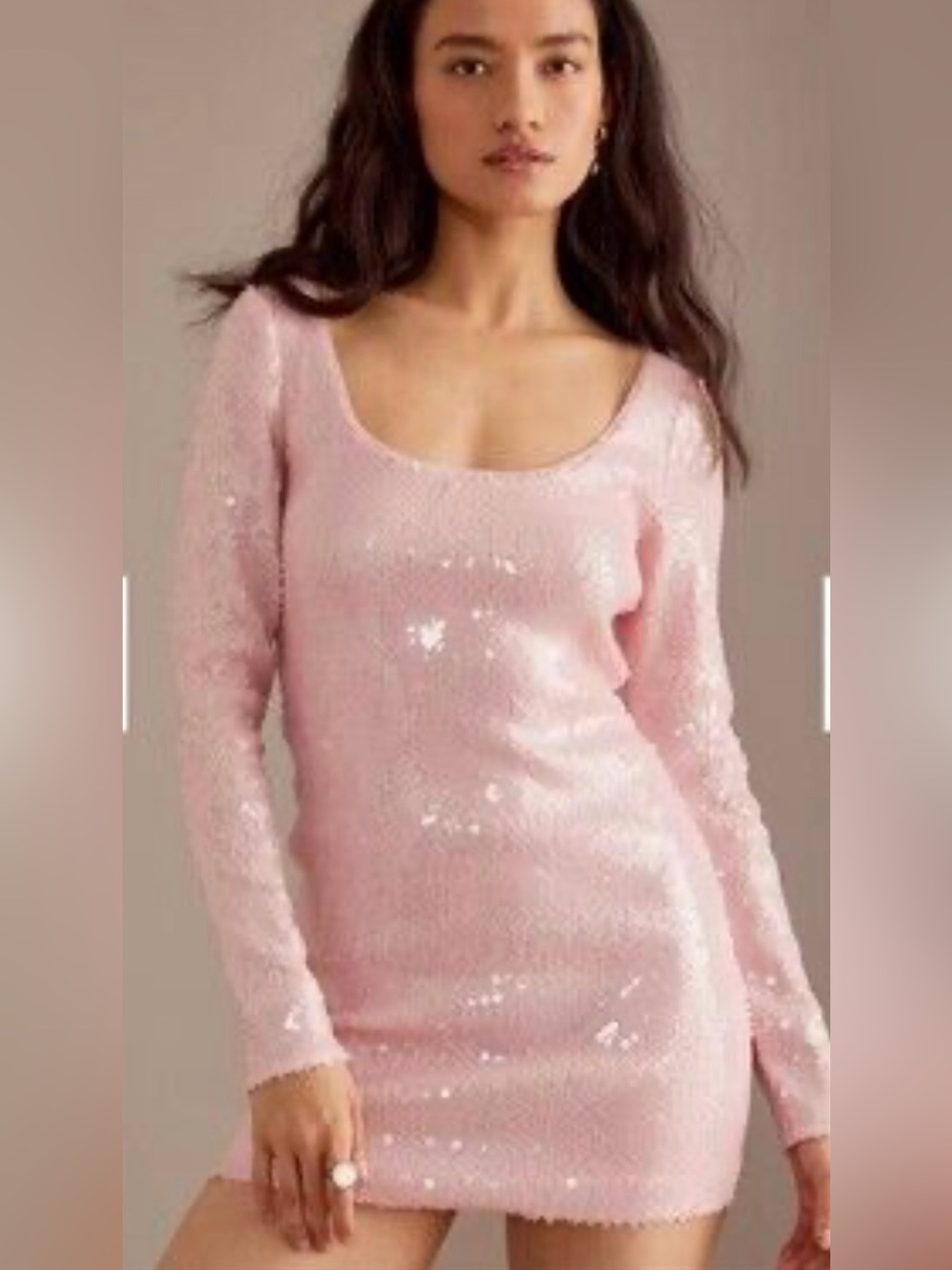 Anthropologie Bardot Pink Sequin Mini Scoop Neck Long Sleeve Stretch Sz S